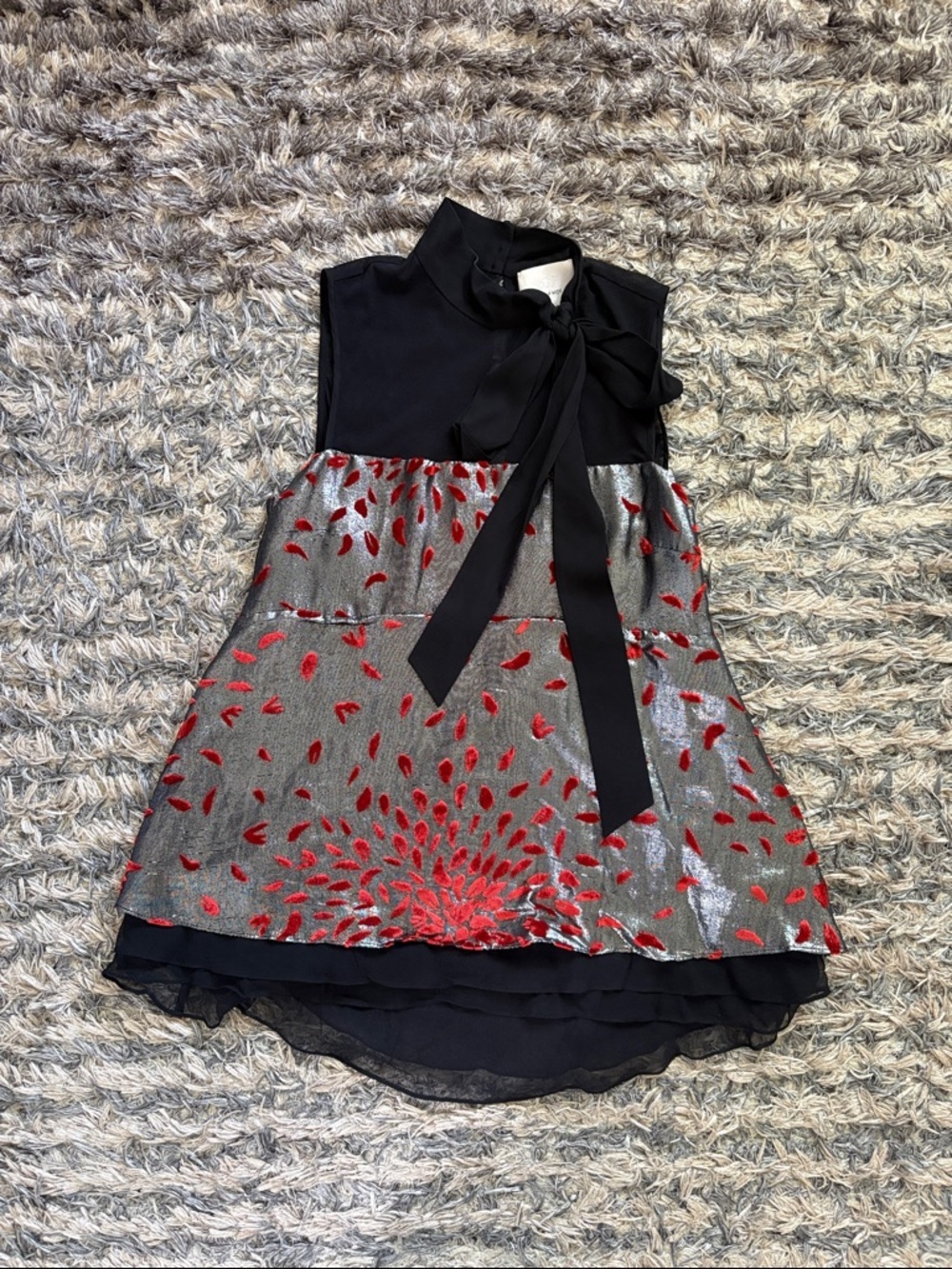 cinq a sept Black & Silver Silk Sleeveless Layered Top Red Floral Velvet XS
